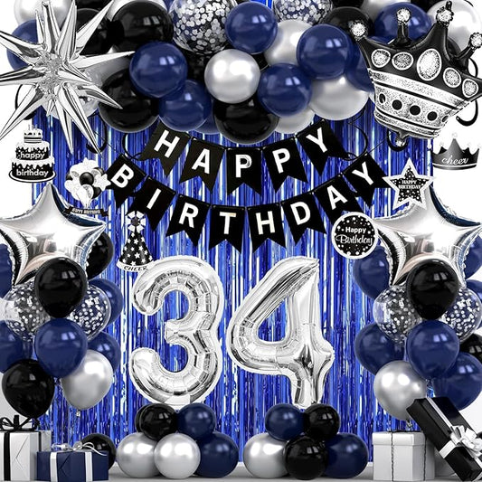 34th Birthday Decorations for Men and Women, Black Blue Silver Happy Birthday Number 34 Balloons, Banner, Fringe Curtains Garland Kit - 34 Year Old Party Supplies