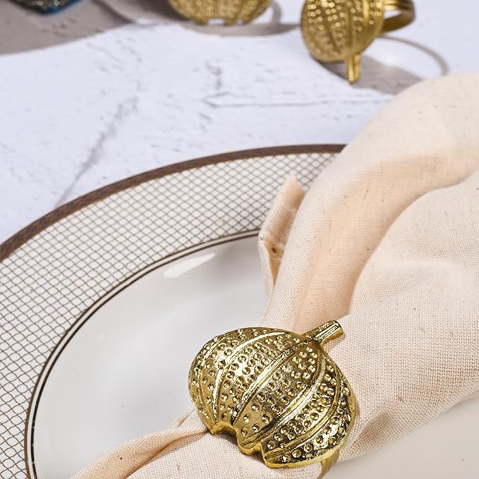 Napkin Rings Set of 12 - Pumpkin Elegant Napkin Holders Modern Serviette Buckles Metallic Adornment for Table Settings for Thanksgiving, Fall, Halloween & Holiday (Antique Gold) - CLEENTABLE