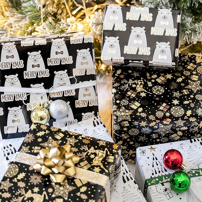 MAYPLUSS Christmas Wrapping Paper Roll - Mini Roll - 17 inch X 120 inch Per roll - 3 Different Black Gold Bear Design (42.3 sq.ft.ttl)