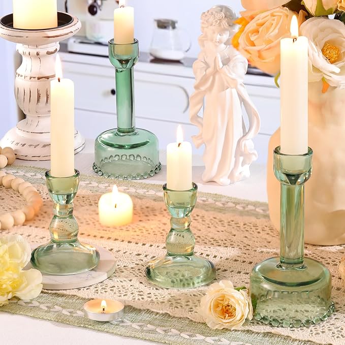 Circle Candlestick Holders Bulk, 6 Pcs Green Combination Candle Holders Set, Crystal Candle Holders for Wedding, Table Centerpiece, Home Decoration
