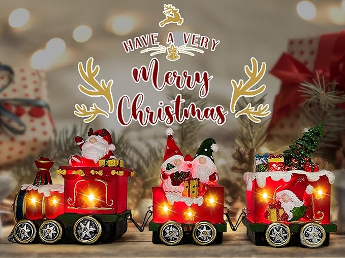 Hexagram Christmas Gnomes Decorations Centerpieces for Tables - Lighted Gnome Christmas Decorations Indoor Snowman Tabletop Decor, Xmas Table Centerpieces for Home - Light Up Train Figurines Table Top