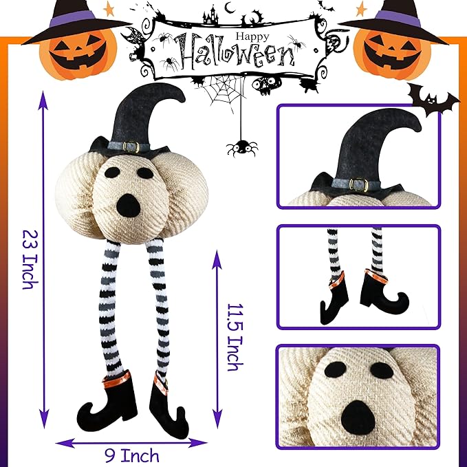 Ogrmar 2 Pcs Halloween Decorations - 23" Stuffed Plushie Pumpkin Doll with Witch Hat and Black Boots for Home Party Table Decor