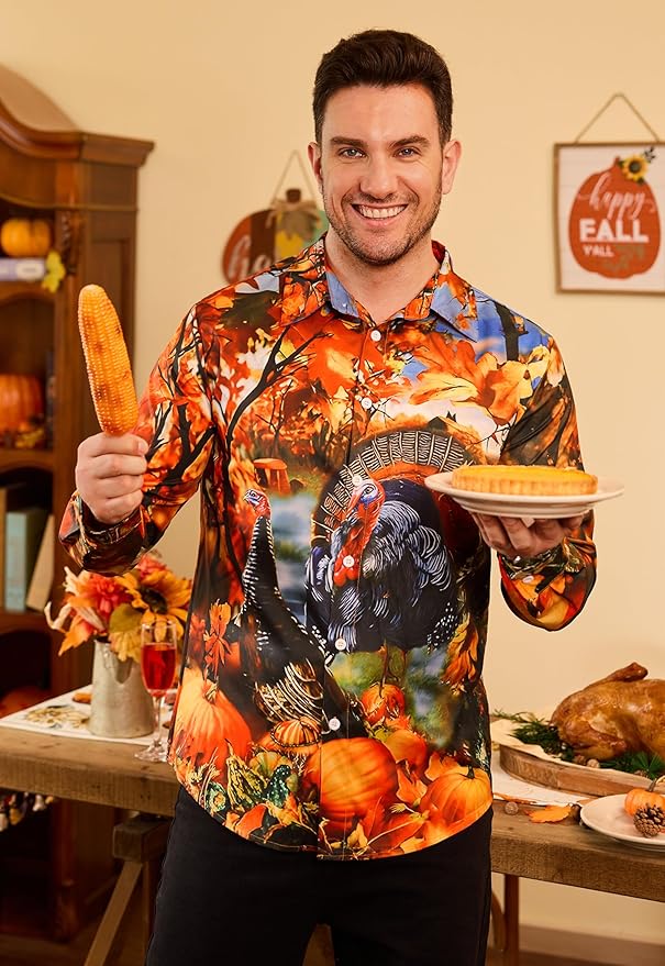 Arvilhill Men's Thanksgiving Long Sleeve Shirt Turkey Pattern Button Down Shirts Family Gathering Fall Festival Wear (S-3XL)