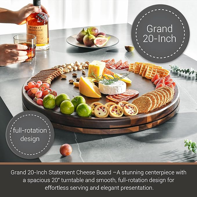 Shanik Acacia Wood Rotating Cheese Board – Round Lazy Susan Charcuterie Platter for Appetizers, Crackers, Meat, and Cheese Serving Tray