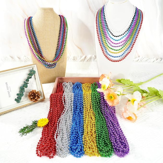 100 PCS Mardi Gras Beads Necklaces, 10 Colors 33 Inch Colorful Bead Necklaces Bulk Party Beads Necklace Round Beaded Necklaces for Mardi Gras, St. Patrick's Day, Christmas, Carnival Party Favor