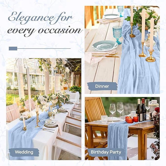 Cheesecloth Table Runner 3 Pack – 35x120 Inch (10ft) Boho Rustic Gauze Cloth Runners – Crinkle Polyester Table Decor for Wedding, Baby Shower, Bridal Shower, Birthday Party and More (Dusty Blue)