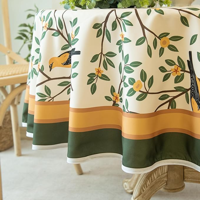 French Tablecloth Waterproof, Kumquat and Oriole Vintage Style Print – Stain Resistant, Washable Fabric Table Cover for Dining, Kitchen, Party, Vibrant Nature-Inspired Home Decor, 60" Round