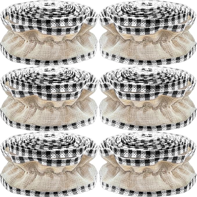 Jishi Christmas Tree Ribbon Garland Burlap Buffalo Plaid Christmas Decorations, 9 Ft X 6 Rolls Black & White Buffalo Check Burlap Ribbon Xmas Tree Garland, Vintage Country Rustic Farmhouse Home Decor