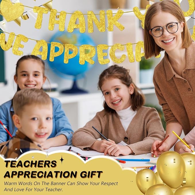 Fulmoon Pre Strung Thank You We Appreciate You Glitter Banner Funny Appreciation Banner for Employee Coworker Staff Teacher Thank Sign Party Decorations(Gold)