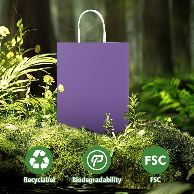 REMTAP Gift Paper Bags 5.9×3.2×8.2 50Pcs Kraft Bags with Handles Bulk Gift Bags for Wedding Party Craft Retail Packaging, Shopping, Party Favor, Retail Bag (Purple-S-50pcs, 5.9×3.2×8.2)