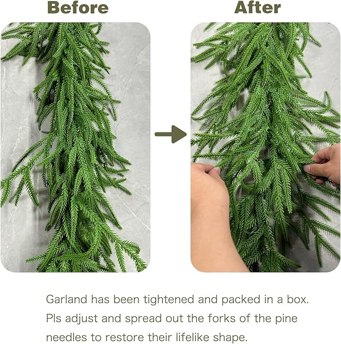 Senjie Christmas Garland Norfolk Pine Garland Real Touch Artificial Greenery Garland for Mantle Fireplace Table Indoor Outdoor Holiday Decortions 9FT 2PCS