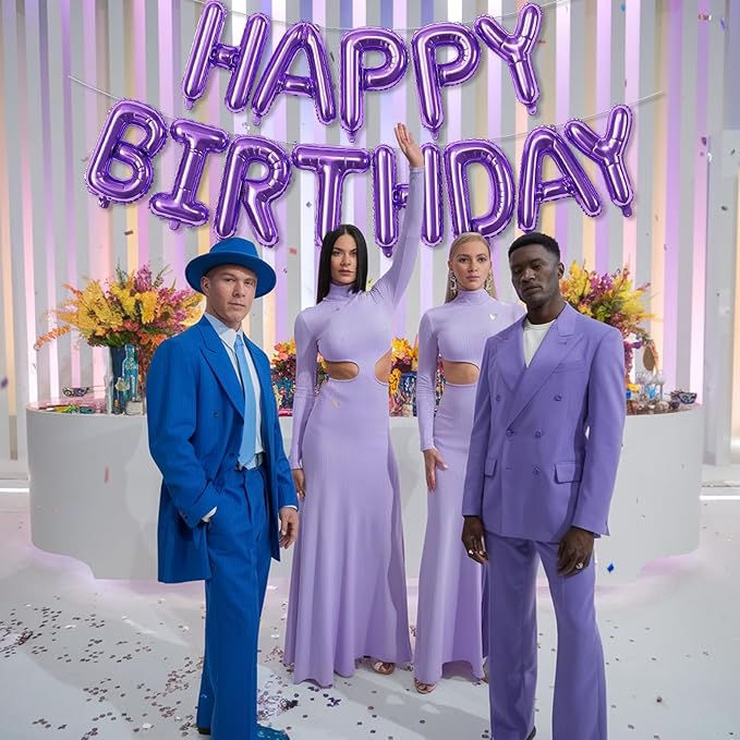 Purple Happy Birthday Balloon Banner, 16 Inch Lilac Happy Birthday Bunting Banner with Letter Foil Balloons for Girl Women Princess Galaxy Magic Witch Glam Theme Birthday Party Decorations Supplies