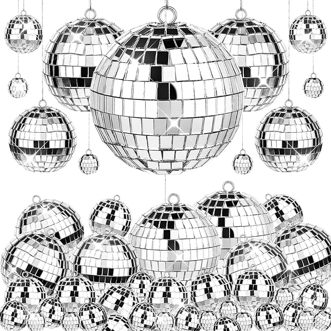 66 PCS Mirror Disco Ball for Party, 3.94/3.15/2.36/2/1.18 Inches Silver Hanging Disco Reflective Glass Ball for Christmas Tree Ornament Holiday Party Home Decorations