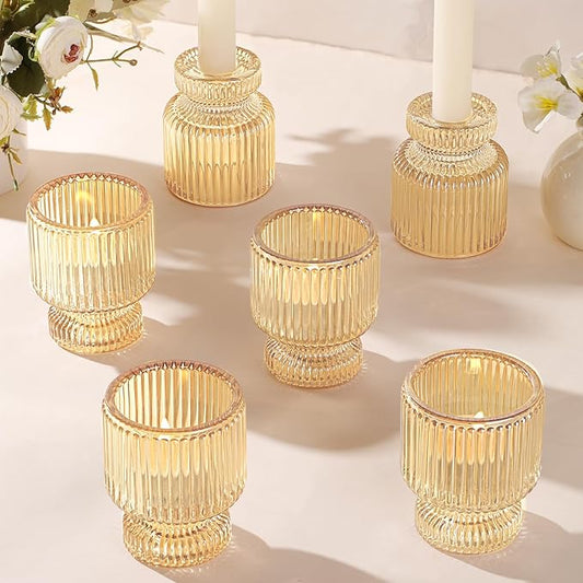 DARJEN 6 Pcs Gold Candlestick Holders - Glass Taper Candle Holders Tealight Votive Candle Holders for Table Centerpieces, Wedding, Dinner Party, Home, Gifts