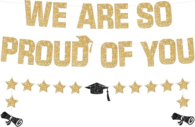 KatchOn, Glitter Gold We are So Proud of You Banner - 10 Feet, No DIY | Pre Strung Black and Gold Graduation Banner for Graduation Decorations 2025 | Class of 2025 Decorations