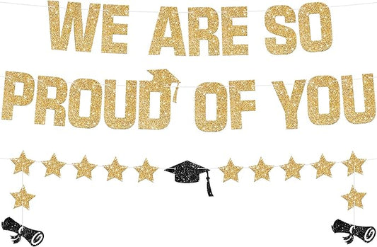 KatchOn, Glitter Gold We are So Proud of You Banner - 10 Feet, No DIY | Pre Strung Black and Gold Graduation Banner for Graduation Decorations 2025 | Class of 2025 Decorations
