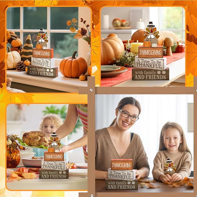 4 Pcs Thanksgiving Decoration for Home Wooden Turkey Decor Thanksgiving Table Centerpiece Fall Tiered Tray Decor Rustic Decorative Turkey Block Signs Gift for Home Kitchen Shelf