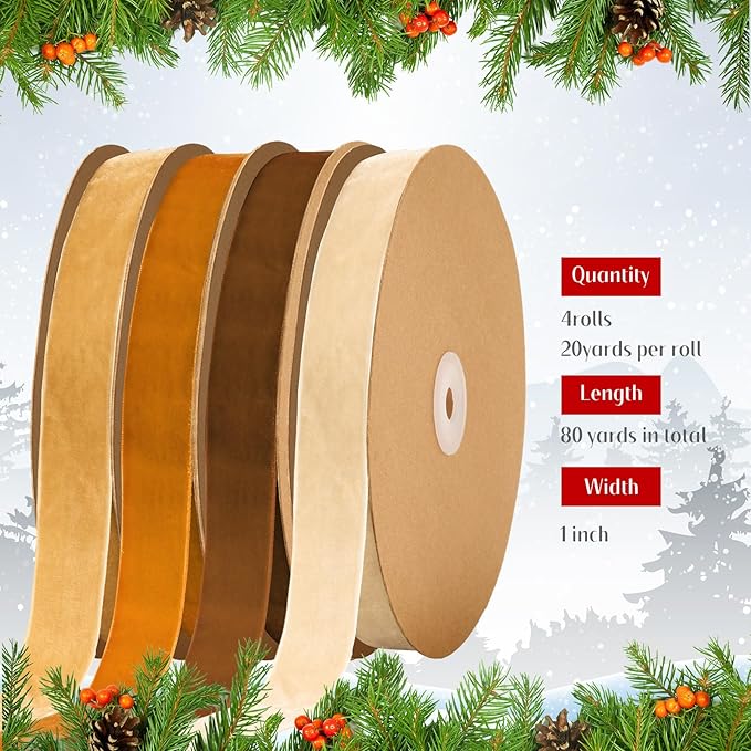 Chuangdi 80 Yards Christmas Velvet Ribbon, 4 Rolls 1" Thick Vintage Ribbon for Xmas Gift Wrapping Christmas Tree Wreath Ornaments DIY Crafts Decoration, Brown Khaki