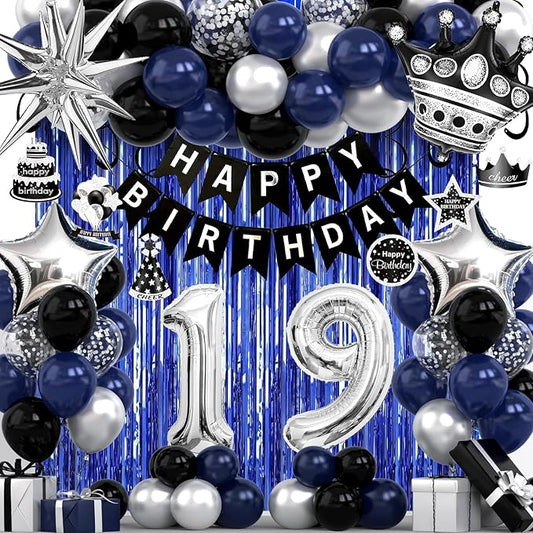 19th Birthday Decorations for Boys and Girls, Black Blue Silver Happy Birthday Number 19 Balloons, Banner, Fringe Curtains Garland Kit - 19 Year Old Party Supplies
