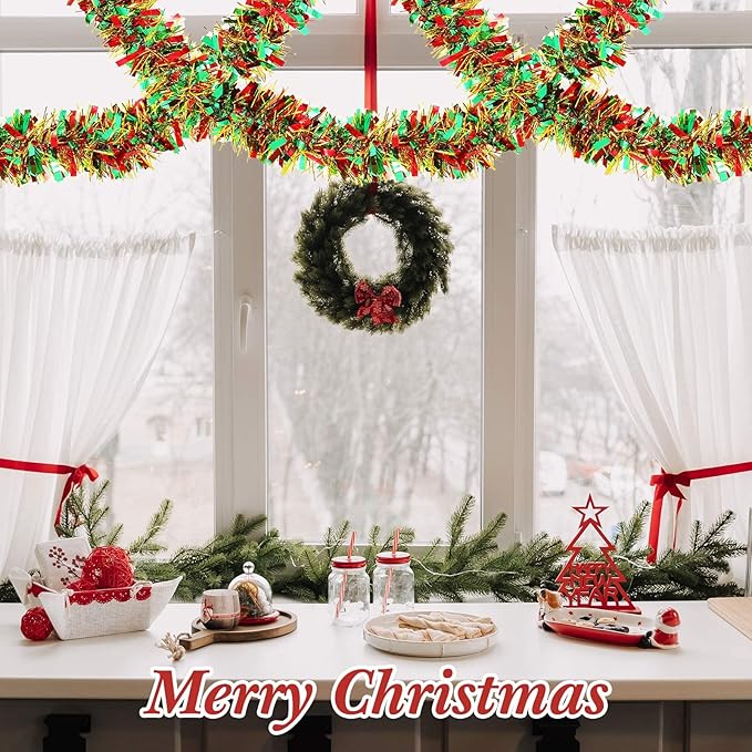 Dilunave 40 Feet Christmas Tinsel Garland Metallic Foil Twist Tinsel Garland Decoration for Christmas Tree, Wedding, Birthday and Party Hanging Decorations(Red, Green, Gold)