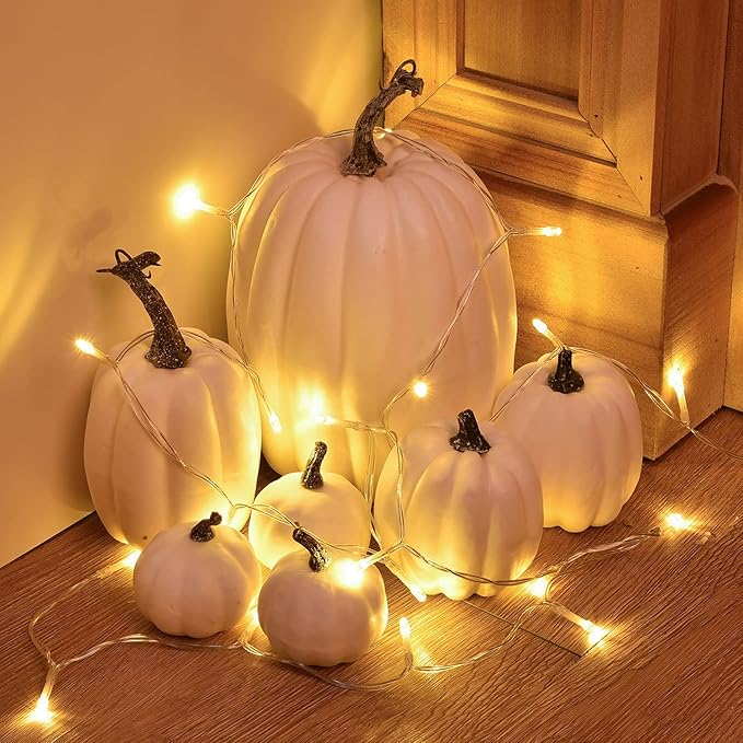 Lvydec 7pc Assorted Size White Pumpkins Craft Pumpkins for Halloween Thanksgiving Autumn Festive Party Supplies