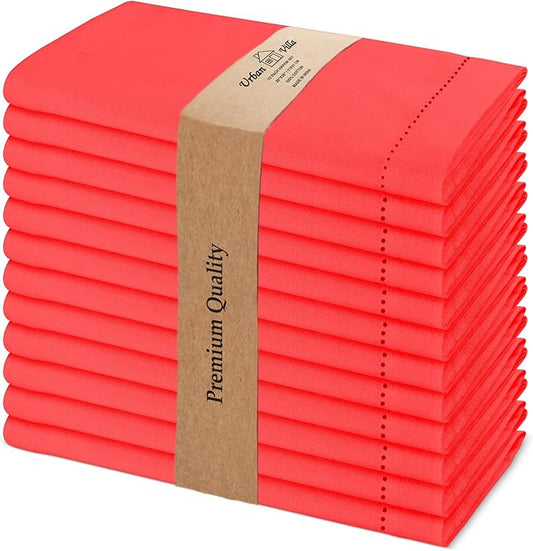 Urban Villa Cloth Napkin Set of 12 Hemstitch Solid Red 20x20 Inches Premium Soft Cotton Highly Absorbent Reusable & Washable Dinner Table Napkins for Home and Weddings