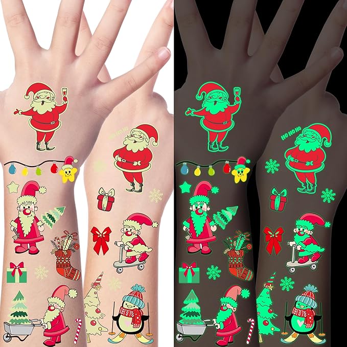 12 Sheets Christmas Party Favors, Luminious Christmas Tattoos, Glow in The Dark Xmas Tattoos for Kids, Xmas Tattoos Stickers, Bulk Xmas Holiday Ugly Sweater Party Supplies Accessories