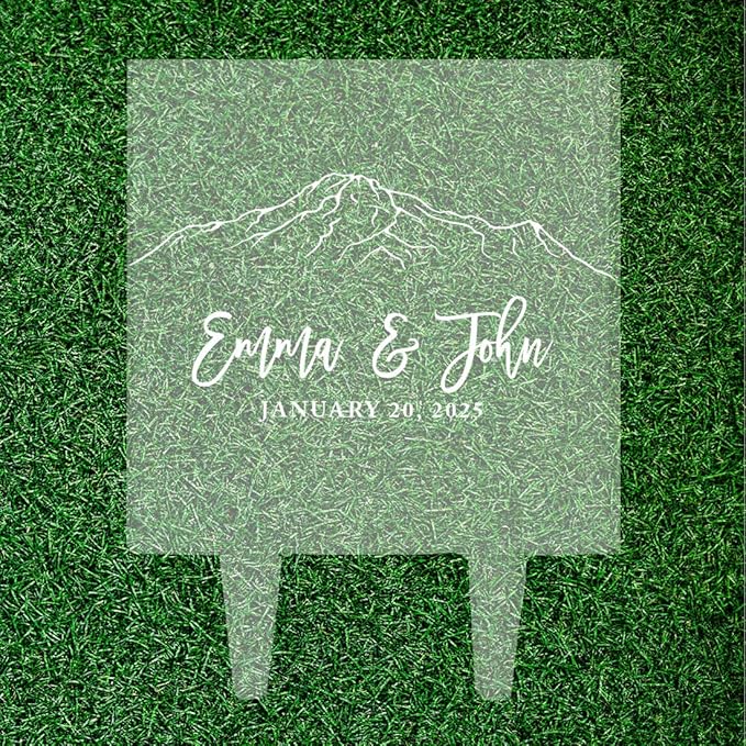 Andaz Press Rustic Mountain Forest Custom Wedding Cake Topper, Acrylic Square Personalized Couple Cake Topper