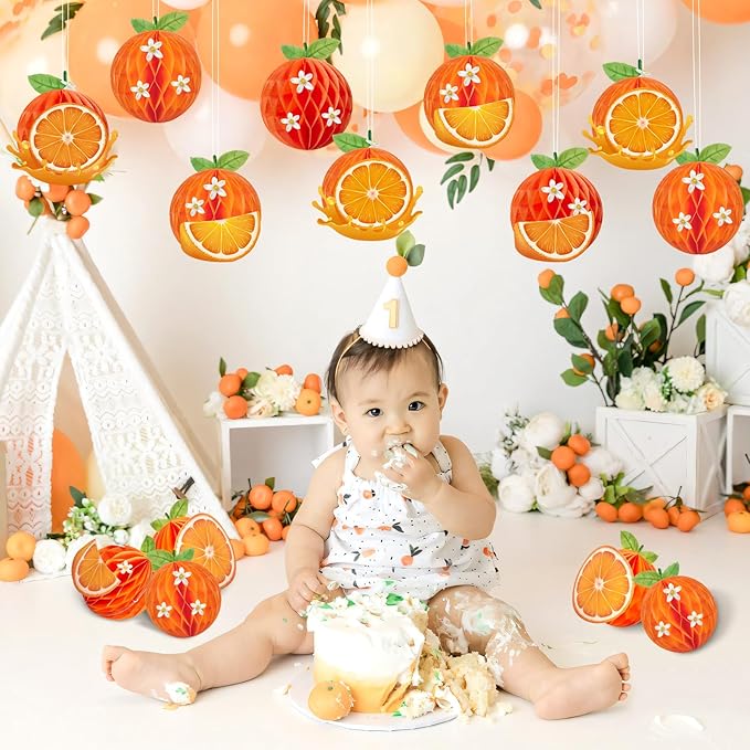 12 Pcs Orange Honeycomb Balls, Orange Birthday Party Supplies, Honeycomb Decorations, Table Centerpieces for Little Cuties, Birthday, Baby Shower