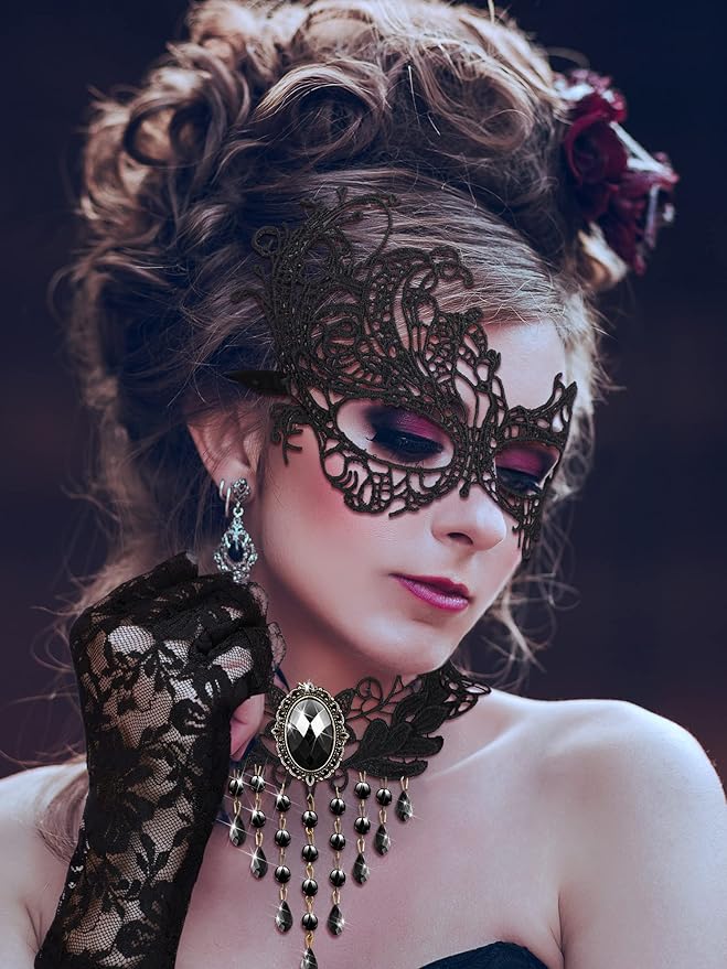Newcotte 6 Pcs Masquerade Mask for Women Lace Mask Choker Necklace Glove for Christmas Halloween Venetian Party 80s 90s