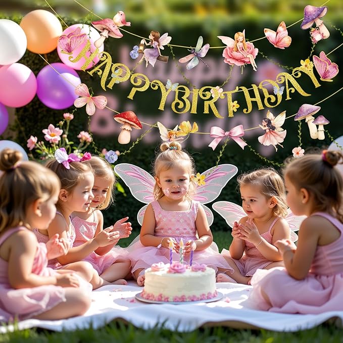 SUNBEAUTY Fairy Garden Birthday Banner Butterfly Mushroom Floral Party Decor for Girls Baby Shower, First Birthday, Summer Fall Theme Celebration, Outdoor Indoor Fairy Tale Decorations
