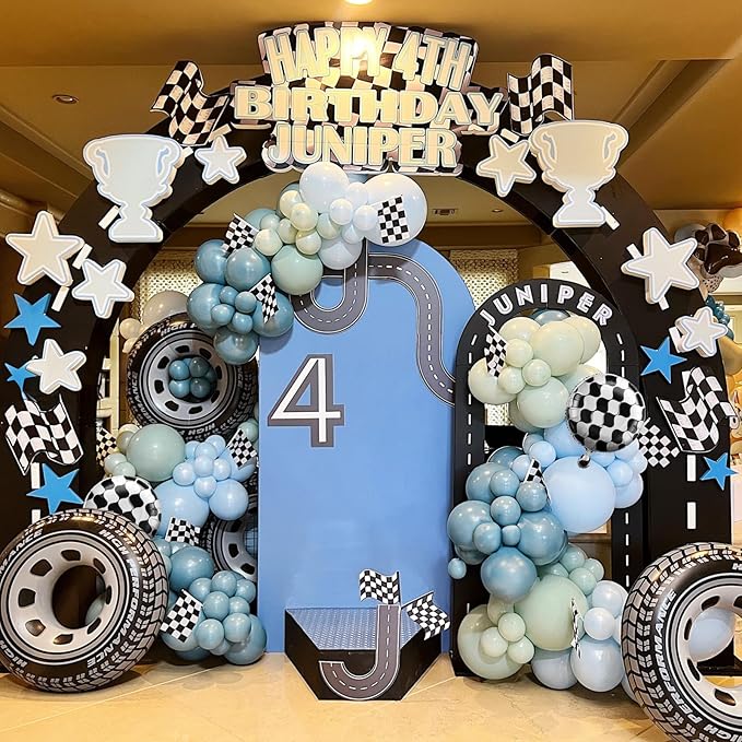 Race Car Balloons Garland Arch Kit, Dusty Blue Balloons Green Black Balloon Pale Blue Metallic Silver Balloon Arch Kit with Checkered Foil Balloon for Car Fast Birthday Baby Shower Party Decorations