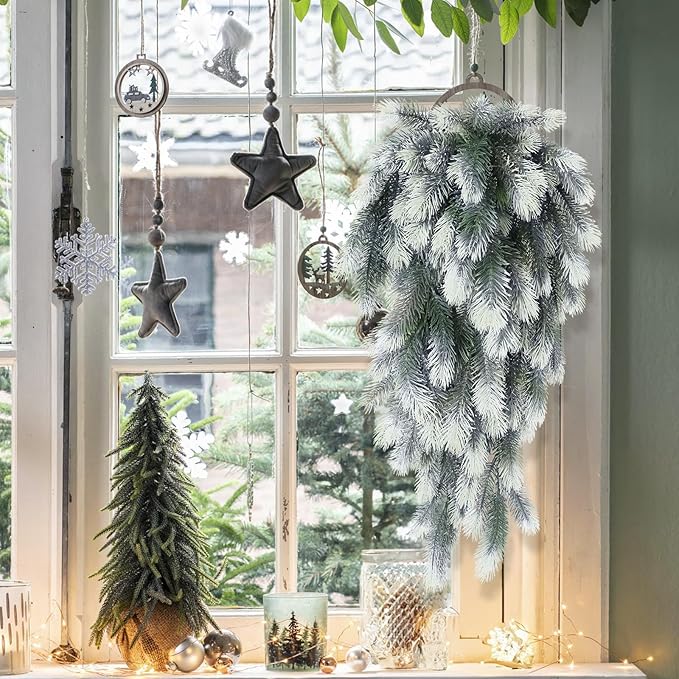 RECUTMS 2 Packs Hanging Artificial Pine Needle Branches Green Plant Pine Needle Accessories Artificial Hanging Plants Outdoors Faux Plant for DIY Christmas Indoor Outside Decoration(White)
