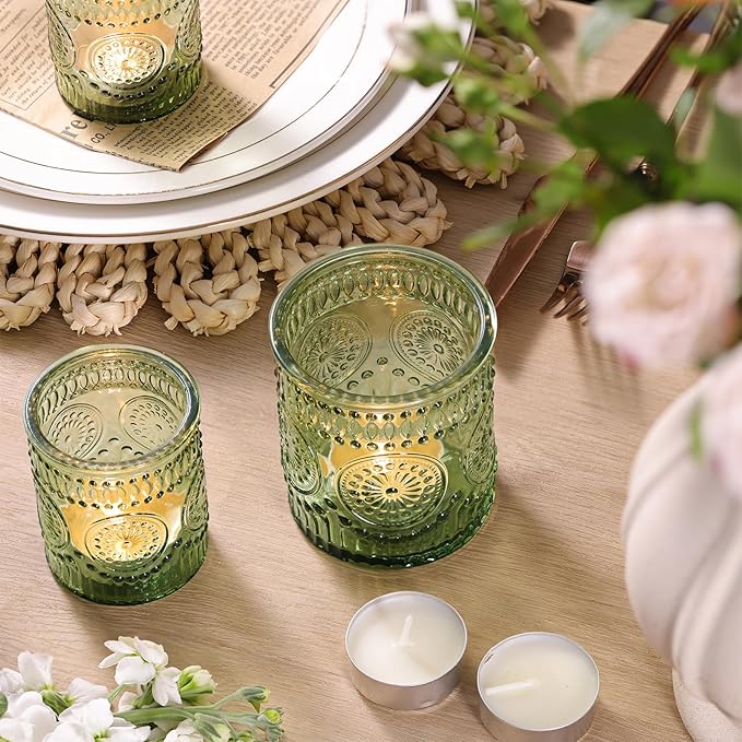 Volens 20pcs Assorted Green Votive Candle Holders Bulk, Large Glass Votive & Tea Light Candle Holder for Wedding Table Centerpieces, Green Party Decorations, and Home Decor