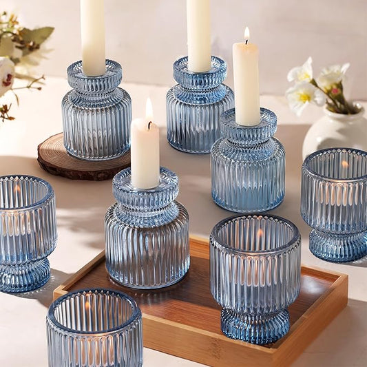 DARJEN 12 Pcs Glass Candlestick Holders- Blue Taper Candlestick Holders Tealight Votive Candle Holders for Table Centerpieces, Wedding, Dinner Party, Home Decor