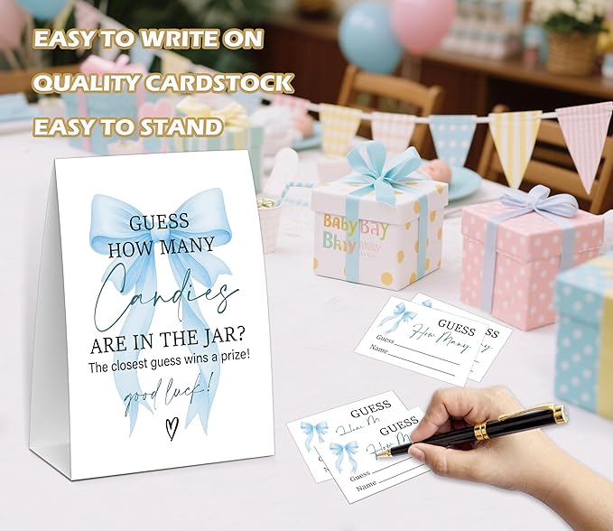 Blue Bow Guess How Many Candies Are In The Jar Game, Baby Shower Game, Include One 5×7 Sign and 50 Guessing Cards, Blue Coquette Bow Gender Reveal Party Decoration Supplies - FE18