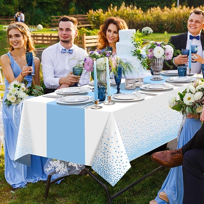 MASHAN 3Pcs White and Light Blue Tablecloth Party Decorations,Plastic White Table Cloth Printed Baby Blue Table Runner Disposable Rectangle Cover for Birthday Baby Shower Wedding Party,54 x108 Inch
