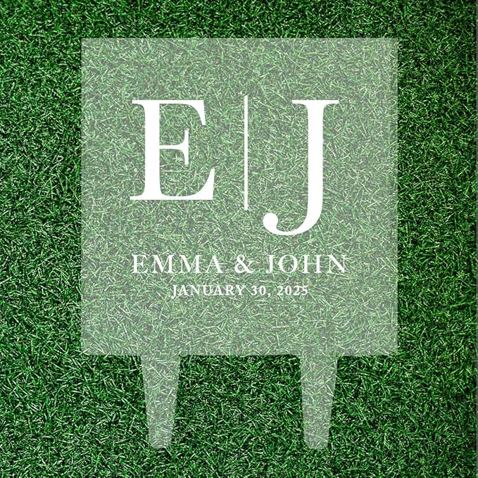 Andaz Press Clean Modern Initials With Date Custom Wedding Cake Topper, Acrylic Square Personalized Couple Cake Topper