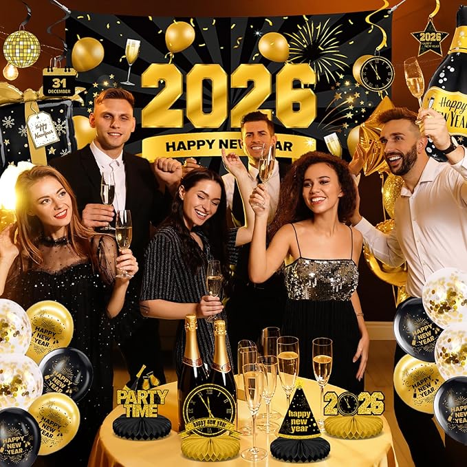 New Years Eve Party Supplies 2026-46 PCS Happy New Years Decorations-Party Favors Includes Banner, Backdrop, Balloons, Centerpieces, Hanging Swirls Nye Decorations 2026