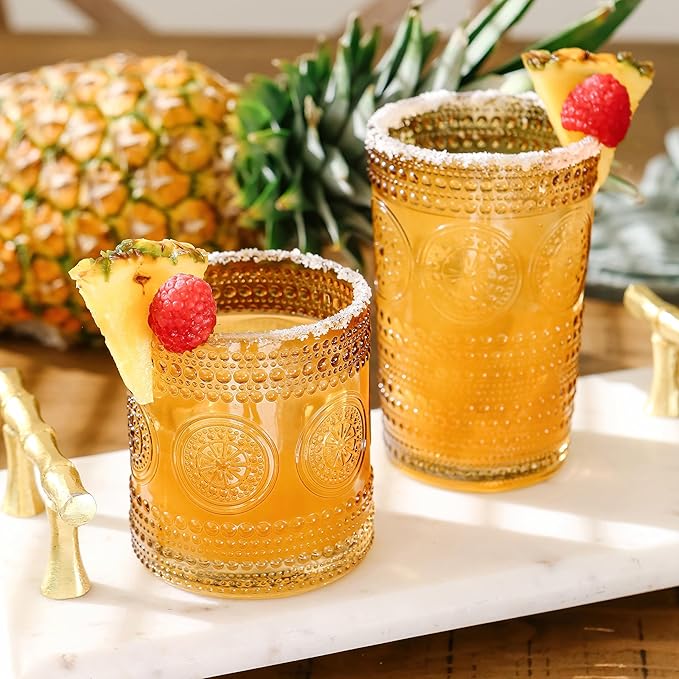 Kate Aspen Hobnail Beaded Floral Amber Drinking Glasses Set of 6, (10 oz) Vintage Glassware Cocktail Glass Set, Juice Glass, Water Cups Great Hostess Gift & Gift for New Home Owners (Pack of 4)