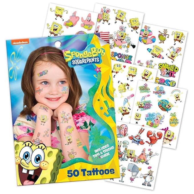 Savvi - 50 SpongeBob Temporary Tattoos: Skin-Safe Ink, Great for Birthday Parties, Gifts for Boys and Girls Ages 4-12+, Made in the USA [6 sheets, 50 count]