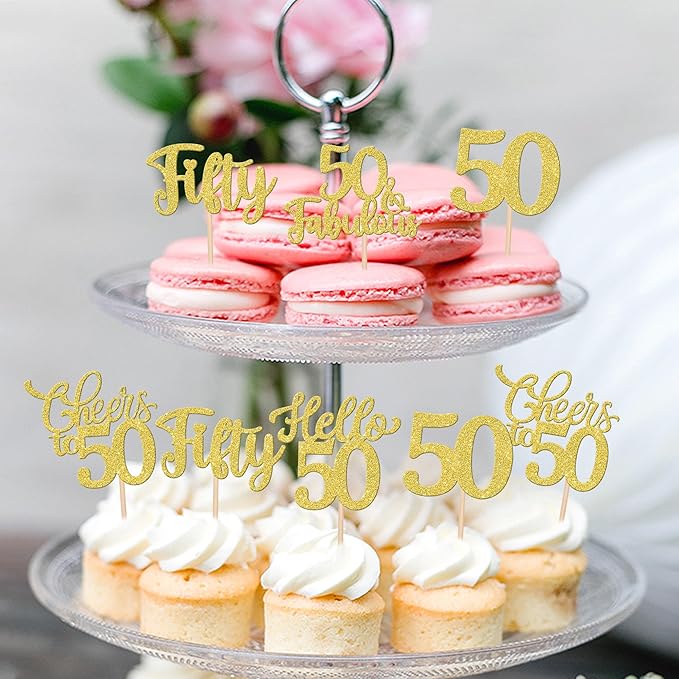 30PCS Happy 50th Birthday Cupcake Toppers Glitter Hello 50 Fabulous Fifty Cheers to 50 Years Old Birthday Cupcake Picks for Happy 50th Birthday Anniversary Party Cake Decorations Supplies Gold