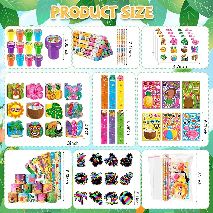 BenLouis 216Pcs Hawaiian Luau Party Favors Aloha Summer Tropical Tiki Theme School Stationery Set Bulk for Kids Beach Pool Birthday Party Goodie Bag Stuffers Classroom Gifts Rewards Pinata Filler
