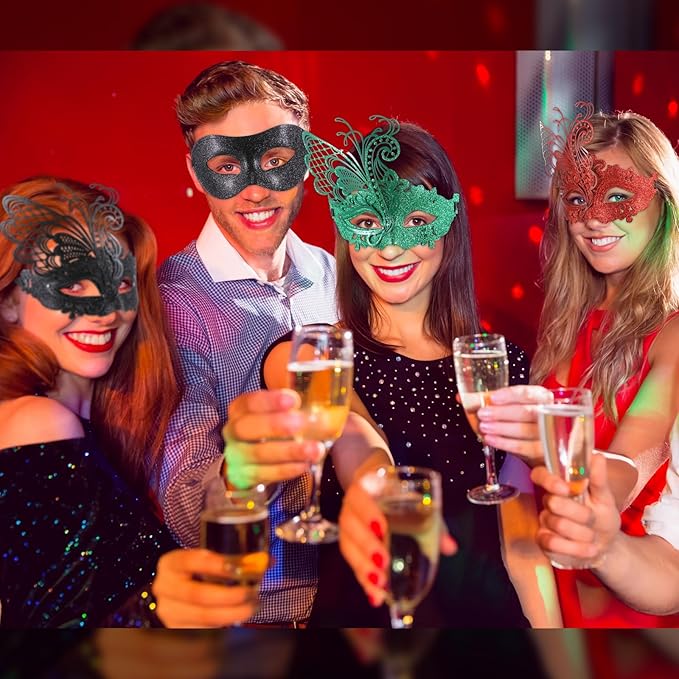 Sratte Couple Masquerade Mask with Feather Flower Unisex Half Face Venetian Mask for Mardi Gras Party