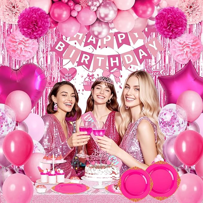 125PCS Hot Pink Plastic Plates - Pink Disposable Plate - Elegant Party Plates with Gold Plastic Silverware Sets for 25 Guests for Party & Birthday & Baby Shower