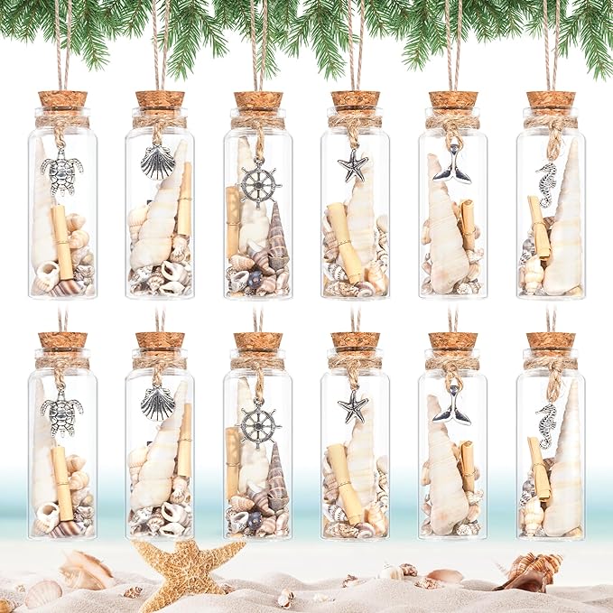 12Pcs Coastal Christmas Ornaments Set -Beach Shells Glass Bottles Keepsake with Mini Scrolls, for Home Christmas Tree Hanging Ornaments, Beachy Coastal Nautical Decor, Wedding Baby Shower Party Favors