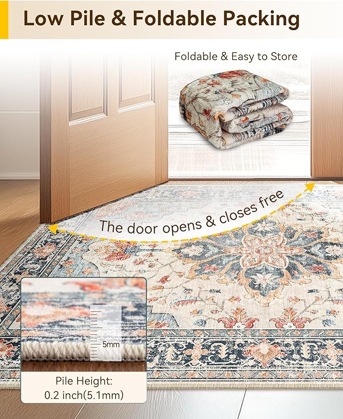Area Rugs 6ft Washable Non-Slip, Floral Vintage Distress Print Pattern Medallion Carpet for Living Room Bedroom Dining Room, Beige Navy Blue Orange Colorful