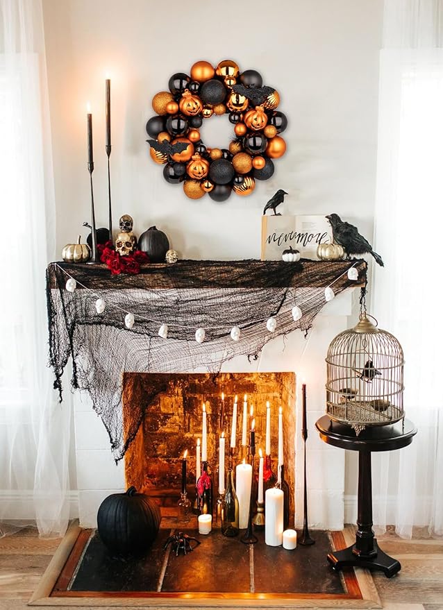 Halloween Wreath for Front Door, 13 inch Small Halloween Ball Wreath with Pumpkins Bats Shatterproof Front Door Wreaths Orange/Black Ball Ornament for Wall Mantel Porch Indoor Outdoor Decor