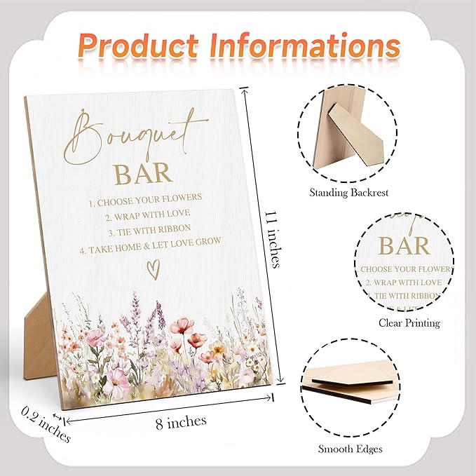 Floral Wedding Bouquet Bar Sign, Wedding Reception Table Decorations, Reception Table Wooden Sign with Back Stand for Bridal Shower Parties, Engagement Night Accessories, Anniversary Party, 5