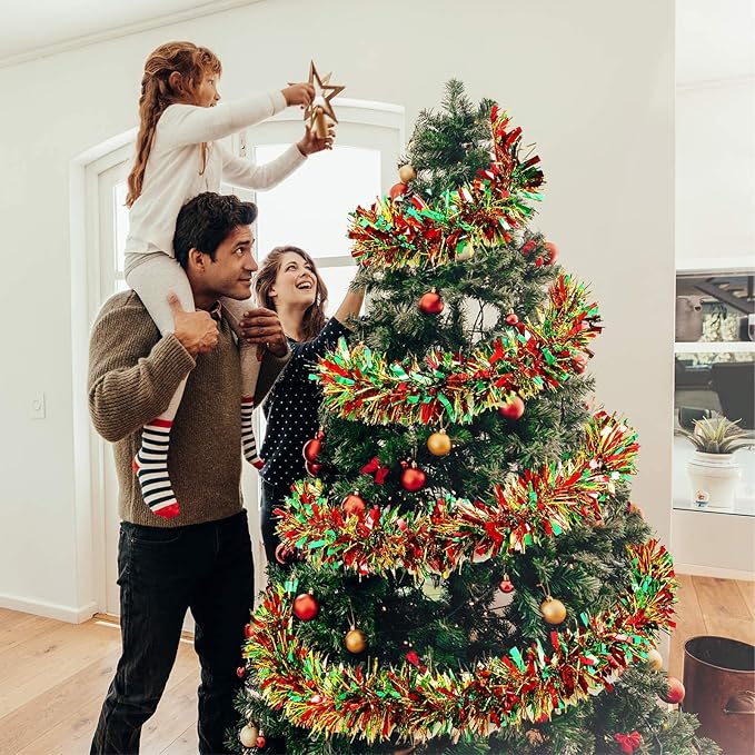Dilunave 40 Feet Christmas Tinsel Garland Metallic Foil Twist Tinsel Garland Decoration for Christmas Tree, Wedding, Birthday and Party Hanging Decorations(Red, Green, Gold)